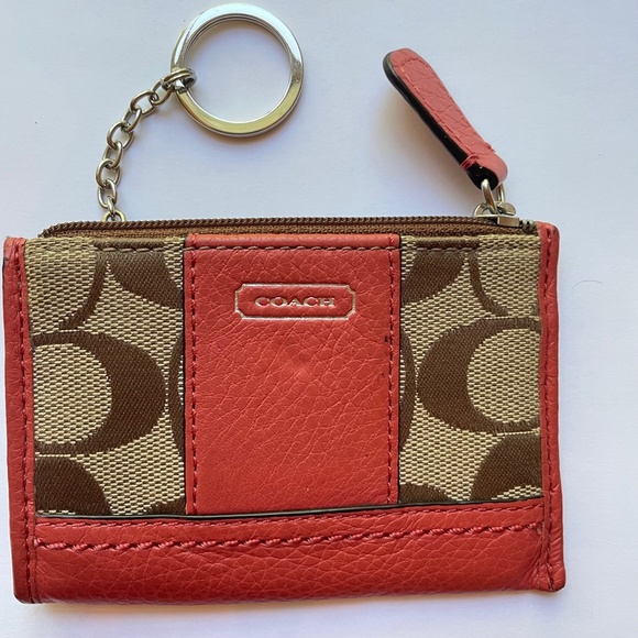Coach Signature Canvas Coral Leather Key Holder Card Case - Picture 1 of 7